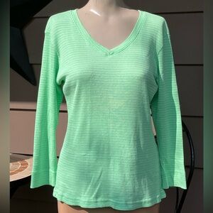 Fresh Produce Womens Ribbed Thermal Top V Neck Long Sleeve Metallic Striped Sz L